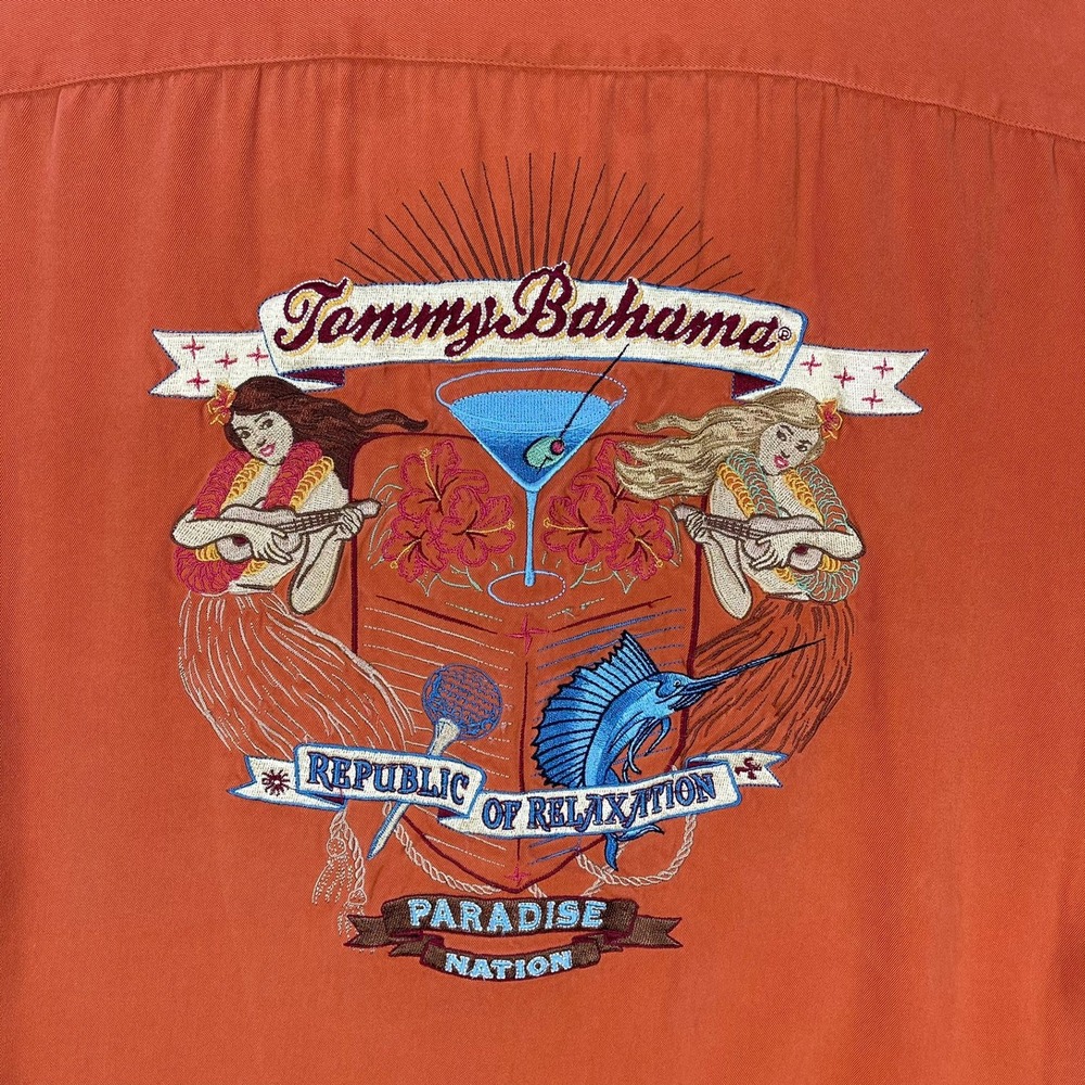 Tommy Bahama Camp Shirt Mens L Orange Republic of Relaxation Silk Embroidered